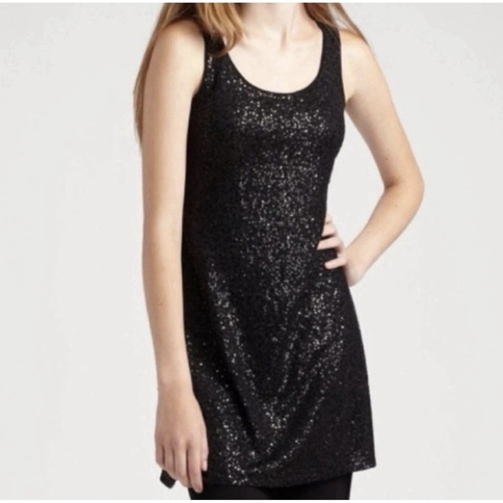 Eileen Fisher NWT Silk black Sequin Sparkle 36" Length Mini Dress Sz L MSRP $358